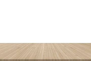 Naklejka premium Isolated wood floor in sepia tan color with empty white wall background