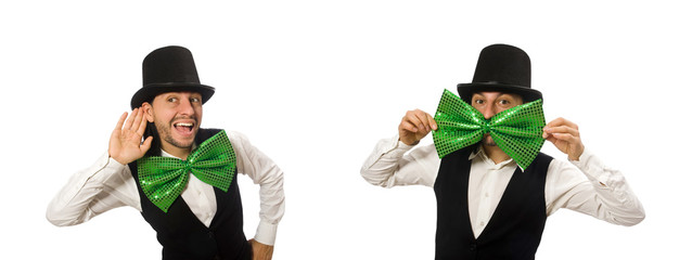Man with big green bow tie in funny concept