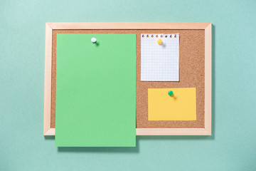 Corkboard for notes with empty sheets on buttons on a green background