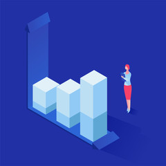 Analyzing statistics vector isometric illustration. Female specialist, financier, banker studying growth diagrams cartoon character. Economist, broker, finance analyst making notes