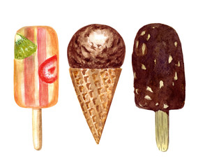Hand drawn watercolor ice cream set.
