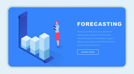 Business forecasting isometric landing page template. Female marketing expert analyzing statistical data, predicting company growth. Investment consultant, financier, broker studying economy trends
