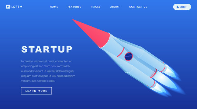 Creative startups isometric landing page template. 3d rocketship, shuttle flying in space, business launch metaphor. Crowdfunding for supporting innovative projects website design layout