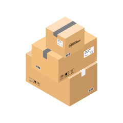 Fototapeta premium Three parcel boxes in stock, isolated on white. Isometric cardboard boxes for express delivery service, vector icon.