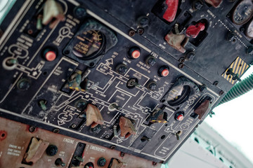 old vintage aircraft cockpit detail, pattern of multi meter gauge measure background