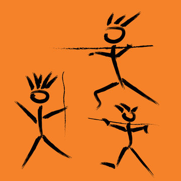 Cave drawings of prehistoric people hunting with spears, brush vector. Cave paintings of prehistoric people.
