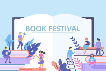 Book festival concept with small characters people reading books.