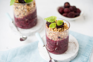 Glass of granola with berry yogurt on a light background. Horizontal orientation