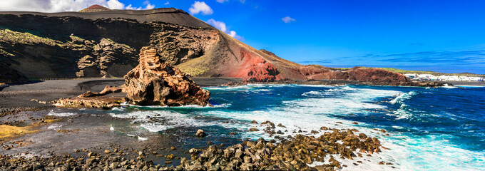 Beauty in nature - volcanic island Lanzarote, impressive colorful beach El Golfo. Canary islands