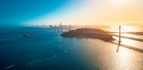 Naklejka premium Aerial view of the Bay Bridge in San Francisco, CA