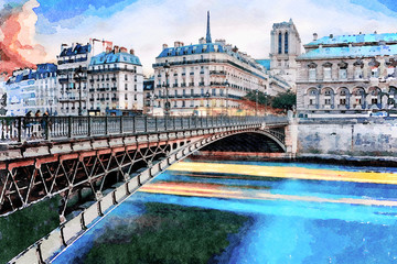 Beautiful Digital Watercolor Painting of the Arcole Bridge in Paris, France.