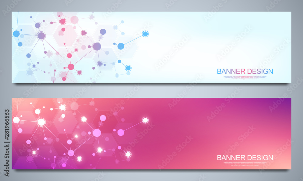 Wall mural banners design template with molecular structures and neural network. abstract molecules and genetic