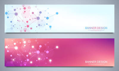 Fototapeta premium Banners design template with molecular structures and neural network. Abstract molecules and genetic engineering background. Science and innovation technology concept.