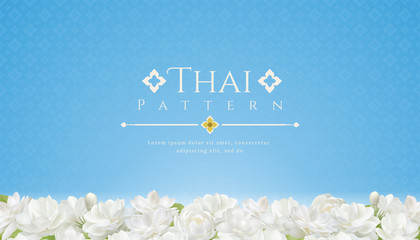 template background for Mothers day thailand and beautiful Jasmine flower with modern line Thai pattern traditional concept