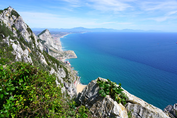 View of the Rock of Gibraltar, a British Overseas Territory on the South coast of Spain where the Mediterranean Sea meets the Atlantic Ocean