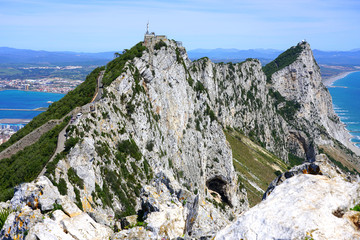 View of the Rock of Gibraltar, a British Overseas Territory on the South coast of Spain where the Mediterranean Sea meets the Atlantic Ocean