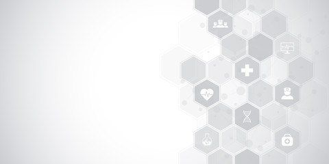 Abstract medical background with flat icons and symbols. Template design with concept and idea for healthcare technology, innovation medicine, health, science and research.