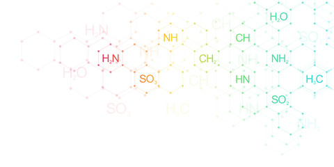 Abstract chemistry pattern on clean white background with chemical formulas and molecular structures. Template design with concept and idea for science and innovation technology.