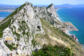 View of the Rock of Gibraltar, a British Overseas Territory on the South coast of Spain where the...