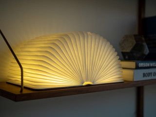 Lamp in the shape of an open book emits soft glow on shelf