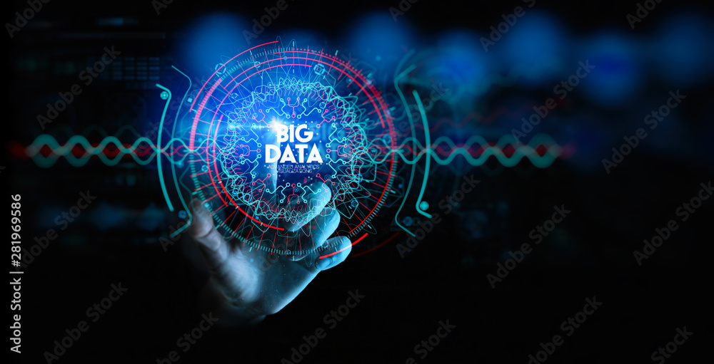 Fototapete Big data in HUD and icon ui with hand selecting and pressing Big Data symbol and modern interface.