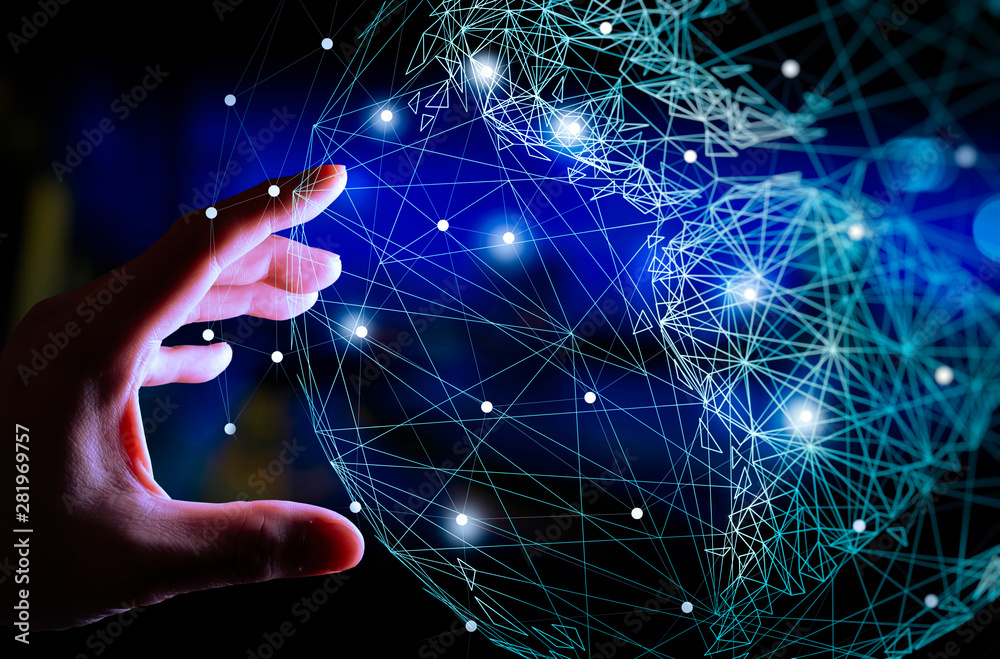 Poster Hand touching Telecommunication network and wireless mobile internet technology  with 5G LTE data connection of global business, fintech, blockchain.