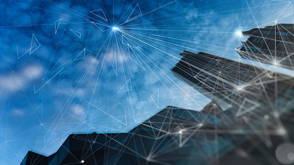 Wireless network and Connection technology concept with Abstract buildings and blue sky.