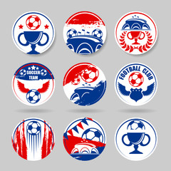 Set of nine different soccer sport stickers isolated on gray background