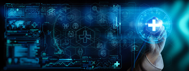 Doctor hand with stethoscope and Ui icon medical in hospital with medical technology network...