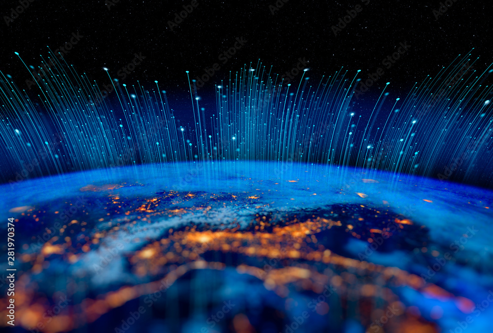 Poster Communication technology for internet business. Global world network and telecommunication on earth cryptocurrency and blockchain and IoT. Elements of this image furnished by NASA