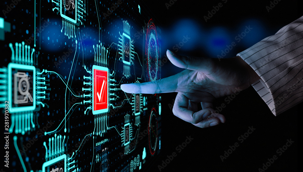 Poster Hand touching with Data Management System (DMS) and Business Analytics concept with servers connected to dashboard.