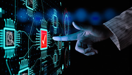 Hand touching with Data Management System (DMS) and Business Analytics concept with servers connected to dashboard.