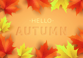 Naklejka na ściany i meble Autumn text greeting in banner design with colorful leaves on orange background. 3D text with stamping.Vector illustration