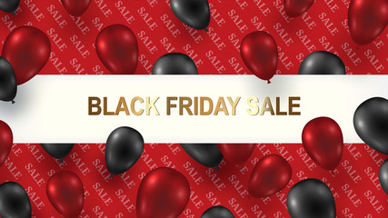 Black Friday Sale Poster with Shiny Balloons on a red dark Background with Square Frame. Vector