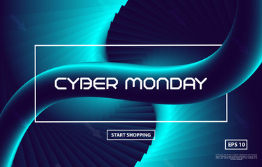 Cyber Monday sale poster design with Creative 3d flow shape on blue background. Vector illustration