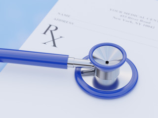 Empty medical prescription with a stethoscope on blue reflective background - 3D rendering