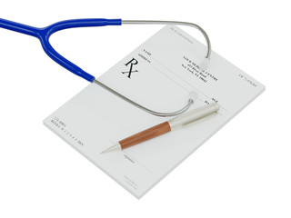 Empty medical prescription with stethoscope isolated on white - 3D render