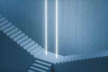 The stairway in the dark basement with glowing lines, 3d rendering.