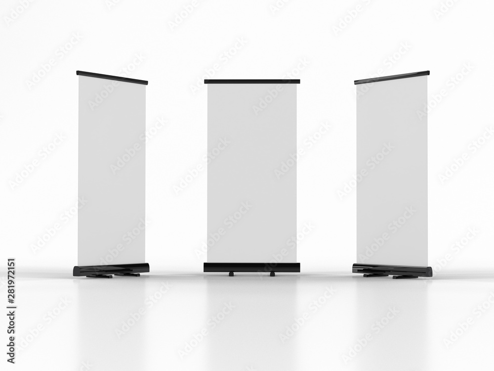 Wall mural 3d rendering of blank vertical rollup (empty billboard advertisement) isolated on white background. 