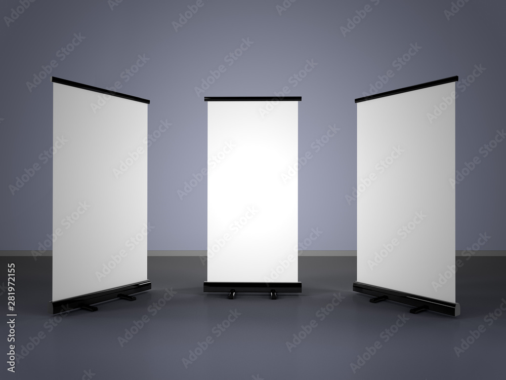 Wall mural 3d rendering of blank vertical rollup (empty billboard advertisement) on gray background. empty mock