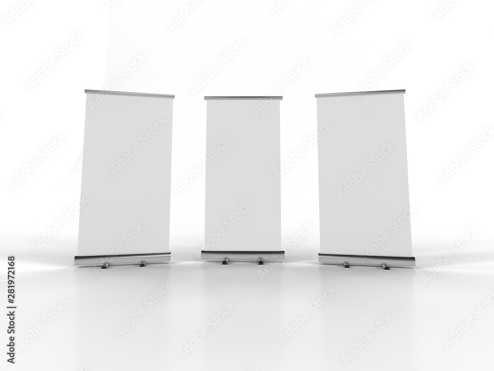 Wall mural 3d rendering of blank vertical rollup (empty billboard advertisement) isolated on white background. 