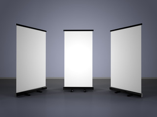 3D rendering of blank vertical rollup (empty billboard advertisement) on gray background. Empty mockup template