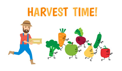 running farmer with wooden crate trying to catch cartoon vegetables and fruits. harvest time.