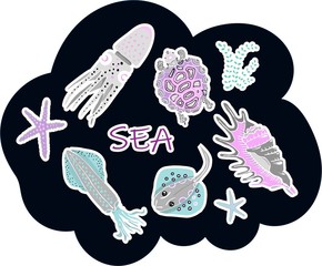 Sea animals stickers on black background.. Skat, squid, turtle, starfish and shell