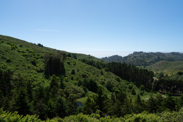 Fototapeta na wymiar Scenic green hills, trees, grass, blue clear skies, residential housing in distance