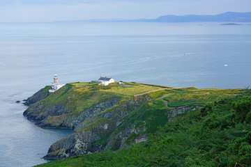 View of green heather fields, the Baily Lighthouse and the Irish Sea seen from the Howth Summit in Howth, near Dublin, Ireland