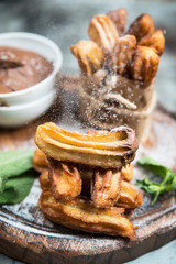 Traditional Spanish dessert. Churros with chocolate and powdered sugar