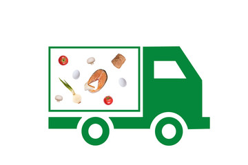 Concept. Online delivery food and product. Service of fast shipping delivery. Green truck (car) with fish and vegetables on the white background.