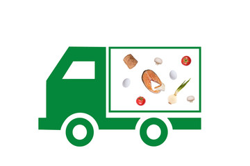 Fototapeta premium Concept. Online delivery food and product. Service of fast shipping delivery. Green truck (car) with fish and vegetables on the white background.