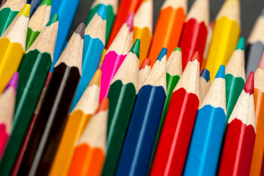 Close-up of colored sharpened pencils